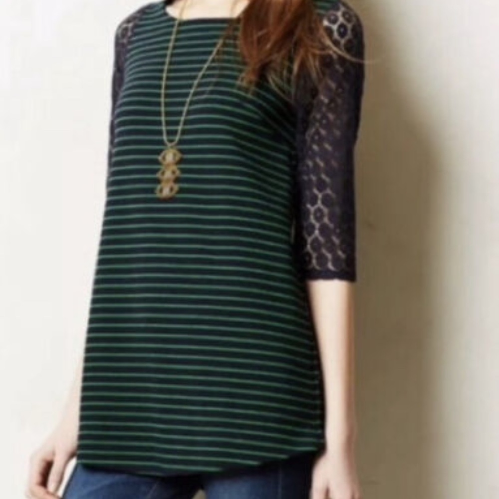 Anthropologie Postmark Women’s Blue Green Striped Lace Sleeve Tunic Top Small